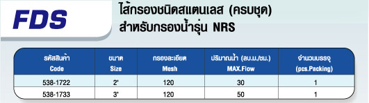 ไส้กรองตะแกรงสแตนเลส (ครบชุด) สำหรับกรองน้ำรุ่น NRS 